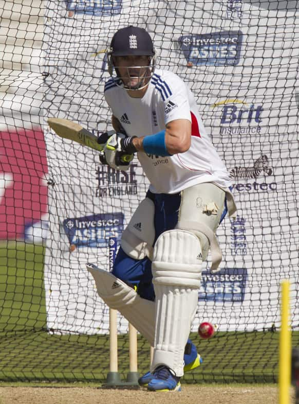 England's Kevin Pietersen prepares to hit a shot during nets practice the day before the side's opening Ashes cricket match against Australia at Trent Bridge cricket ground, Nottingham.