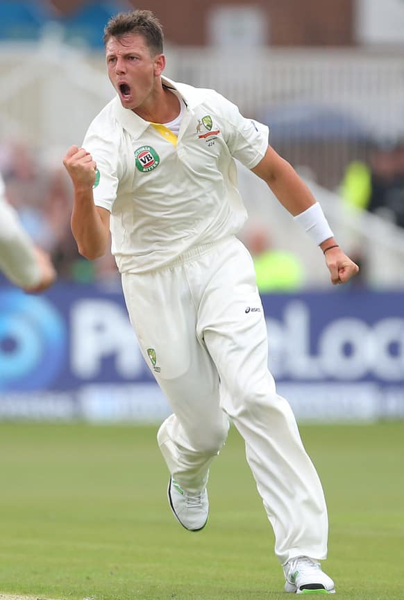 Australia's bowler James Pattinson celebrates taking the wicket of England captain Alastair Cook during day one of the First Ashes Test match of the series at Trent Bridge, Nottingham England.