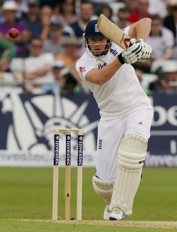 England's Jonny Bairstow plays a shot off the bowling of Australia's James Pattinson on the first day of the opening Ashes series cricket match against, at Trent Bridge cricket ground, Nottingham, England.