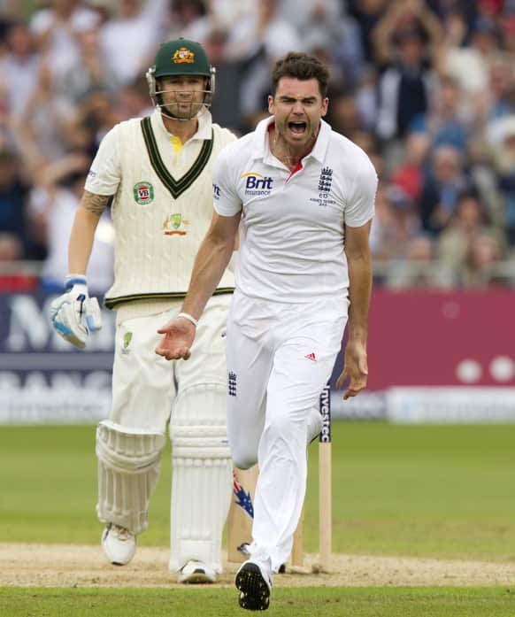 England's James Anderson celebrates after bowling Australia's captain Michael Clarke for 0 on the first day of the opening Ashes series cricket match at Trent Bridge cricket ground, Nottingham, England.