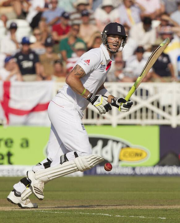 England's Kevin Pietersen plays a shot on the second day of the opening Ashes series cricket match against Australia, at Trent Bridge cricket ground, Nottingham, England.