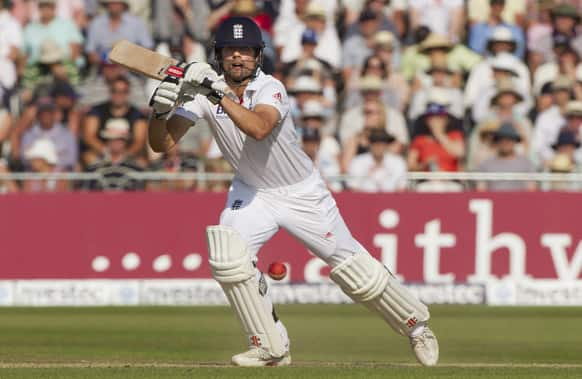 England's Alastair Cook plays a shot on the second day of the opening Ashes series cricket match against Australia, at Trent Bridge cricket ground, Nottingham, England.