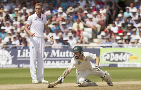 Australia's Chris Rogers makes his ground as he takes a run off the bowling of England's Stuart Broad on the fourth day of the opening Ashes series cricket match at Trent Bridge cricket ground, Nottingham, England.