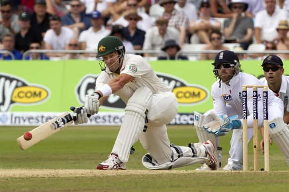 Australia's Shane Watson sweeps off the bowling of England's Graeme Swann on the fourth day of the opening Ashes series cricket match at Trent Bridge cricket ground, Nottingham, England.