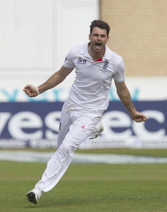 England's James Anderson celebrates taking the wicket of Australia's Ashton Agar, caught by Alastair Cook for 14 on the final day of the opening Ashes series cricket match at Trent Bridge cricket ground, Nottingham.