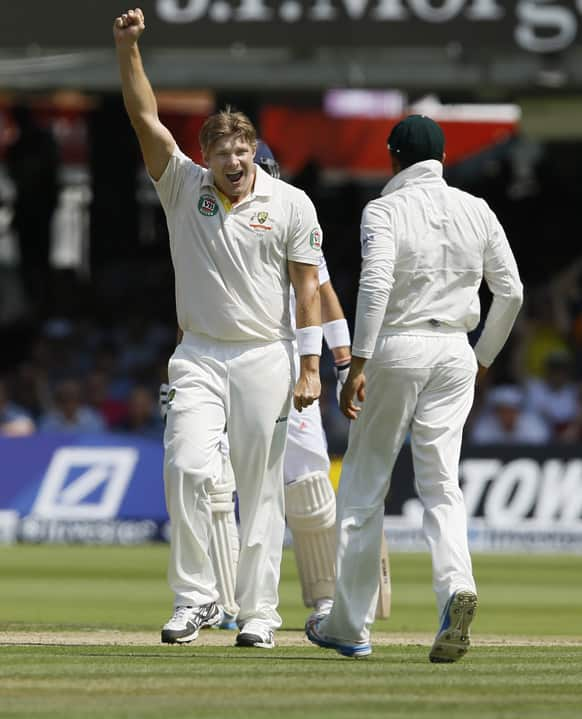 Australia's Shane Watson celebrates taking the wicket of England's Alastair Cook during the Ashes test at Lord's cricket ground in London.