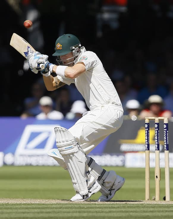 Australia's Michael Clarke plays a shot off the bowling of England's Stuart Broad during day two of the second Ashes Test match held at Lord's cricket ground in London.