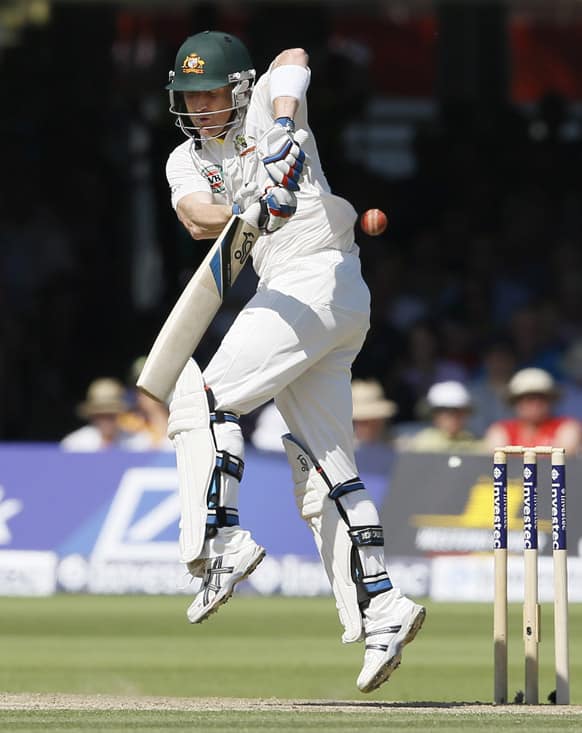 Australia's Brad Haddin plays a shot off the bowling of England's James Anderson during day two of the second Ashes Test match held at Lord's cricket ground in London.