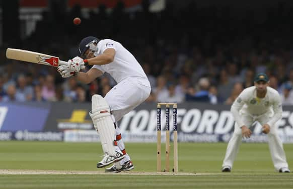 England's Tim Bresnan plays a shot off the bowling of Australia's Peter Siddle during day three of the second Ashes Test match held at Lord's cricket ground in London.