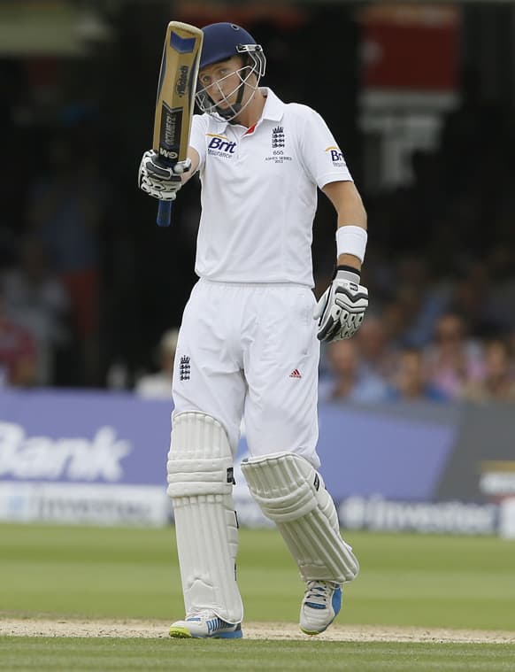 England's Joe Root celebrates scoring 50 runs during day three of the second Ashes Test match held at Lord's cricket ground in London.