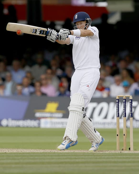 England's Joe Root plays a shot off the bowling of Australia's Peter Siddle during day three of the second Ashes Test match held at Lord's cricket ground in London.