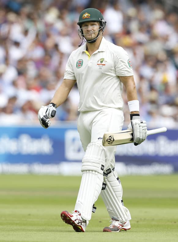 Australia's Shane Watson leaves the pitch after being bowled LBW by England's James Anderson during day four of the second Ashes Test match held at Lord's cricket ground in London.