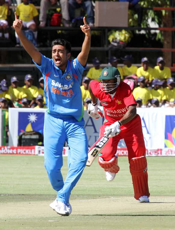 Indian bowler Jaiden Vnadkhat makes an unsuccessful appeal for the wicket of Zimbabwe's Vusimusi Sibanda during the one day match in Harare.