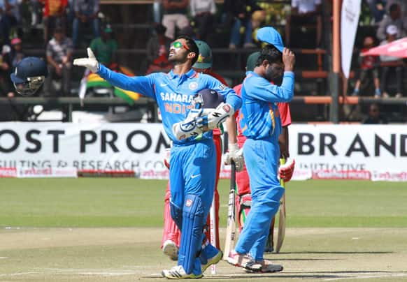 Dinesh Karthik, seen on the pitch during the third one-day international cricket match against Zimbabwe, in Harare.