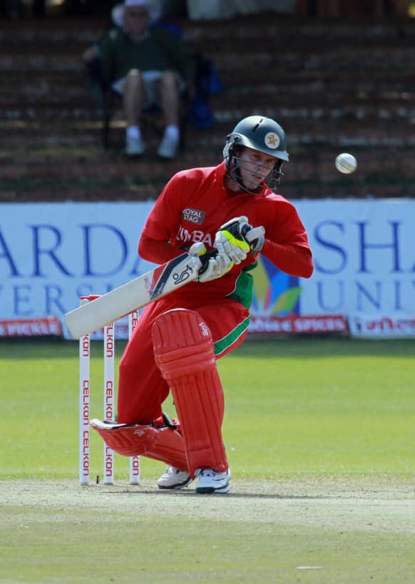 Zimbabwean batsman Malcom Waller, avoids the ball during the fourth, one day international match against Inida, at Queens Sports Club, in Bulawayo.