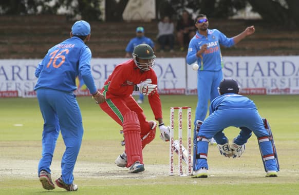 Zimbabwean batsman Timycen Maruma avoids a run out during the last day of the one day international cricket match against India at Queens Sports Club in Bulawayo, Zimbabwe.