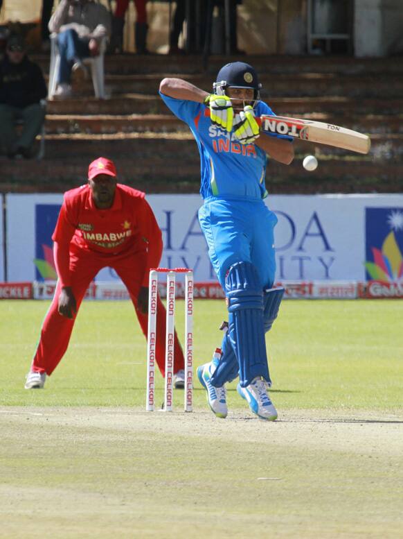 Ravindra Jadeya plays a shot on the last day of the one day international cricket match between India and Zimbabwe at Queens Sports Club in Bulawayo, Zimbabwe.