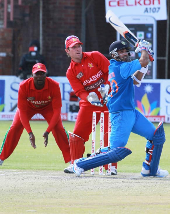 Ravindra Jadeya plays a shot on during the last day of a series of one day international cricket matches between India and Zimbabwe at the Queens Sports Club in Bulawayo, Zimbabwe.