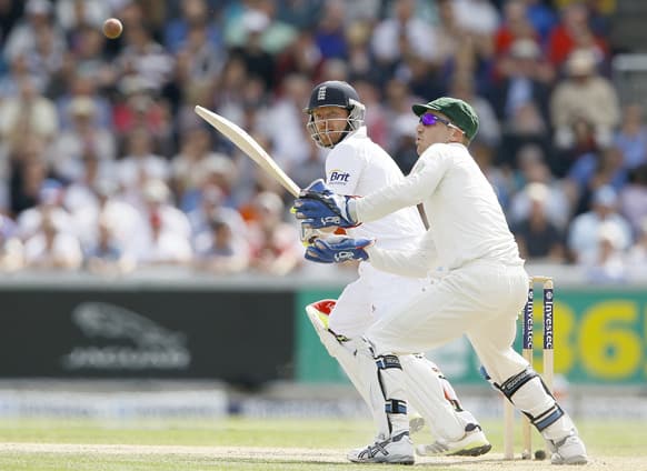 England's Ian Bell plays a shot off the bowling of Australia's Steven Smith during day three of the third Ashes Test match held at Old Trafford cricket ground in Manchester, England.