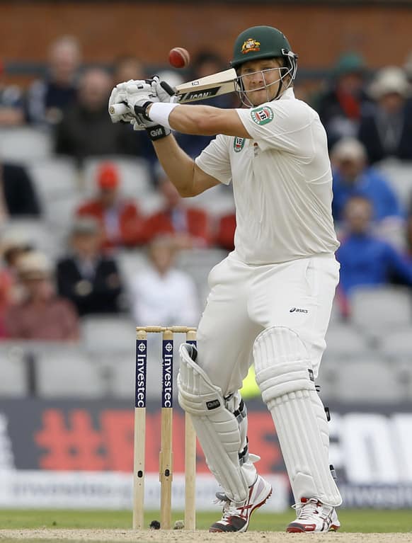 Australia's Shane Watson plays a shot off the bowling of England's Tim Bresnan during day four of the third Ashes Test match held at Old Trafford cricket ground in Manchester.