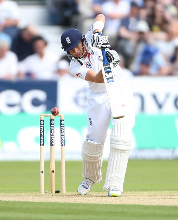 England's Joe Root plays a shot off a ball bowled by Australia's Jackson Bird during the first day of the fourth Ashes series cricket match at the Riverside cricket ground, Chester-le-Street, England