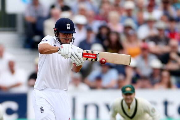 England's captain Alastair Cook plays a shot off a ball bowled by Australia's Jackson Bird during the first day of the fourth Ashes series cricket match at the Riverside cricket ground, Chester-le-Street, England.