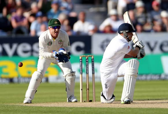 England's Jonathan Bairstow awaits the decision for a lbw by Australia's Nathan Lyon during the first day of the fourth Ashes series cricket match at the Riverside cricket ground, Chester-le-Street, England.