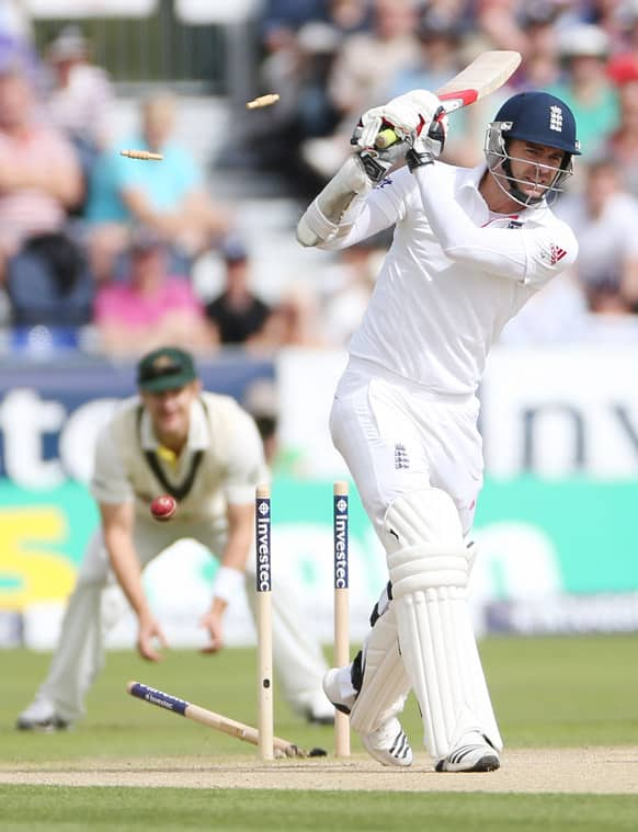 England's James Anderson is bowled out by Australia's Jackson Bird during the second day of the fourth Ashes series cricket match at the Riverside cricket ground, Chester-le-Street, England.