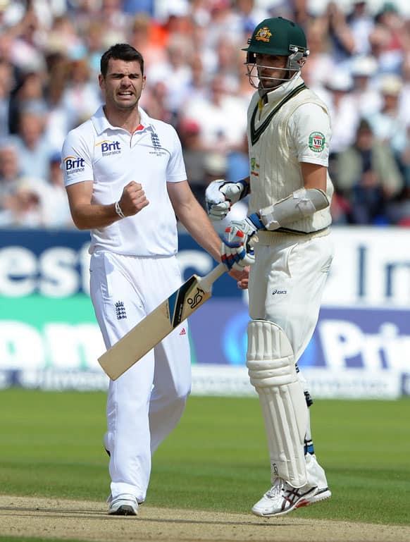 England's James Anderson celebrates after taking the wicket of Australia's Nathan Lyon during the third day of the fourth Ashes series cricket match against England at the Riverside cricket ground, Chester-le-Street, England.