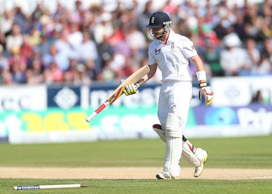 England's Ian Bell walks from the pitch after being bowled out by Australia's Ryan Harris during the fourth day of the fourth Ashes series cricket match at the Riverside cricket ground, Chester-le-Street, England.