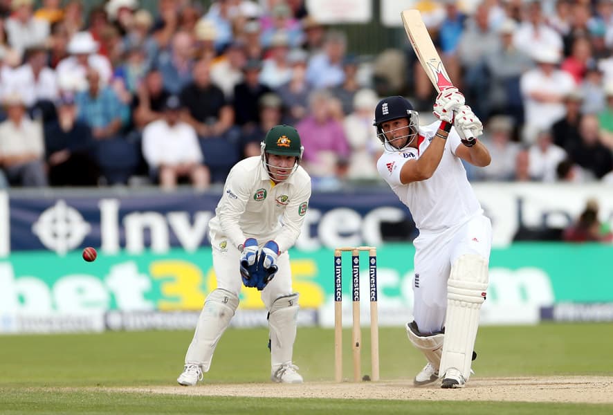 England's Tim Bresnan plays a shot bowled by Australia's Nathan Lyon during the fourth day of the fourth Ashes series cricket match at the Riverside cricket ground, Chester-le-Street, England.