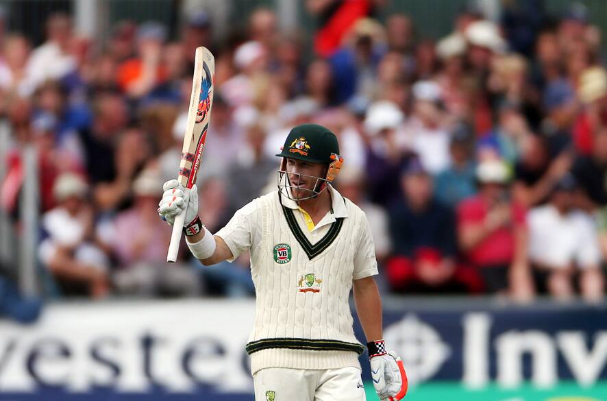 Australia's David Warner acknowledges the crowd as he celebrates scoring 50 during the fourth day of the fourth Ashes series cricket match against England at the Riverside cricket ground, Chester-le-Street, England.