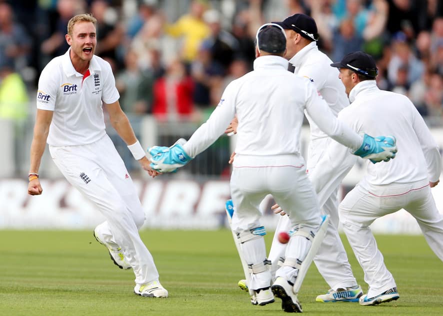 England's Stuart Broad celebrates after bowling out Australia's captain Michael Clarke during the fourth day of the fourth Ashes series cricket match at the Riverside cricket ground, Chester-le-Street, England.