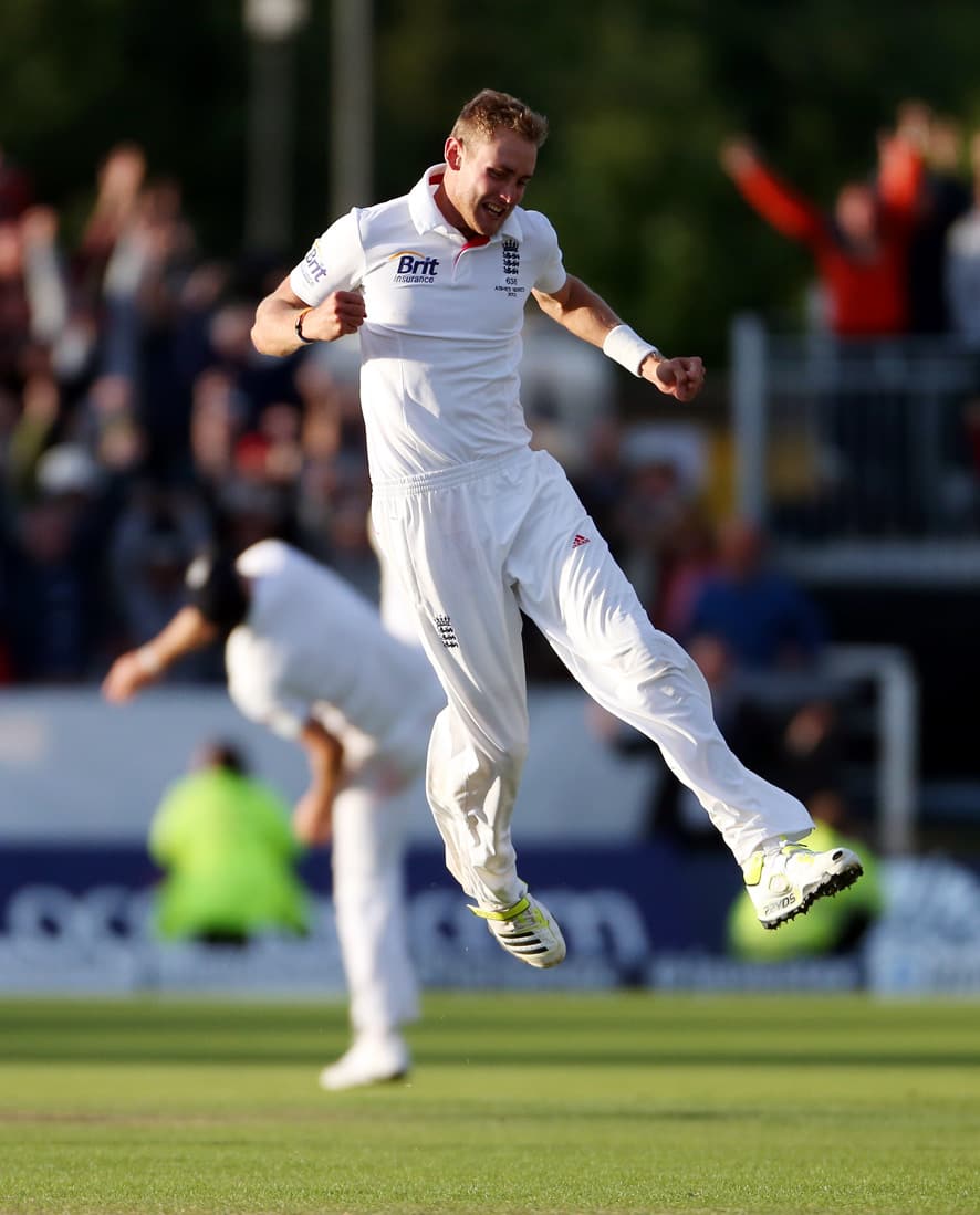 England's Stuart Broad celebrates defeating Australia during the fourth day of the fourth Ashes series cricket match at the Riverside cricket ground, Chester-le-Street, England.