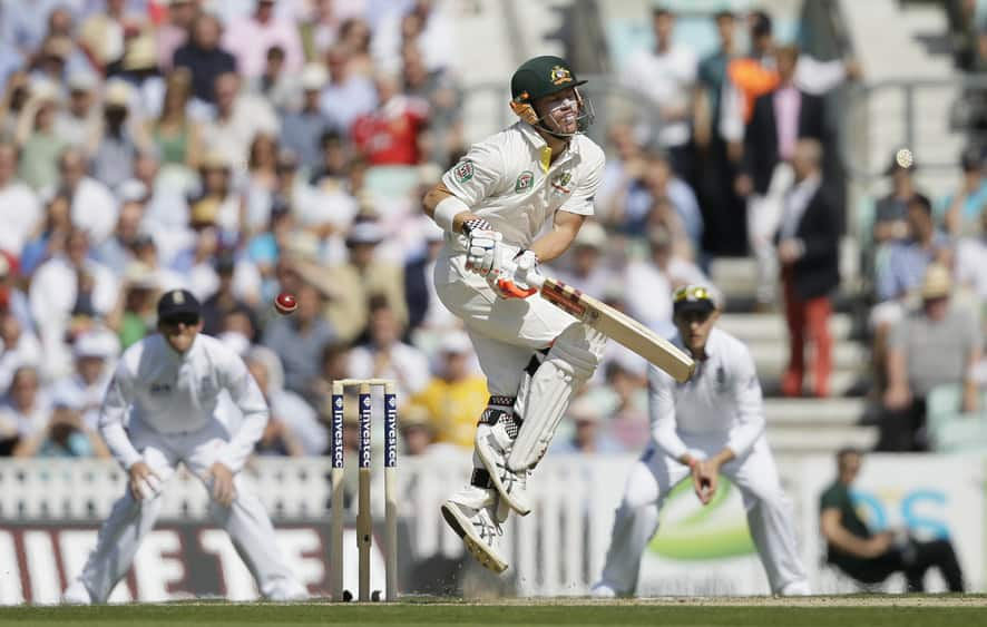 Australia's David Warner avoids a ball from England's Stuart Broad during day of the fifth Ashes cricket Test at the Oval cricket ground in London.