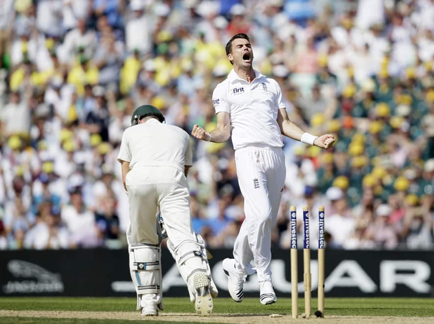 England's James Anderson celebrates after bowing out Australia's Michael Clarke during play on the first day of the fifth Ashes cricket Test at the Oval cricket ground in London.