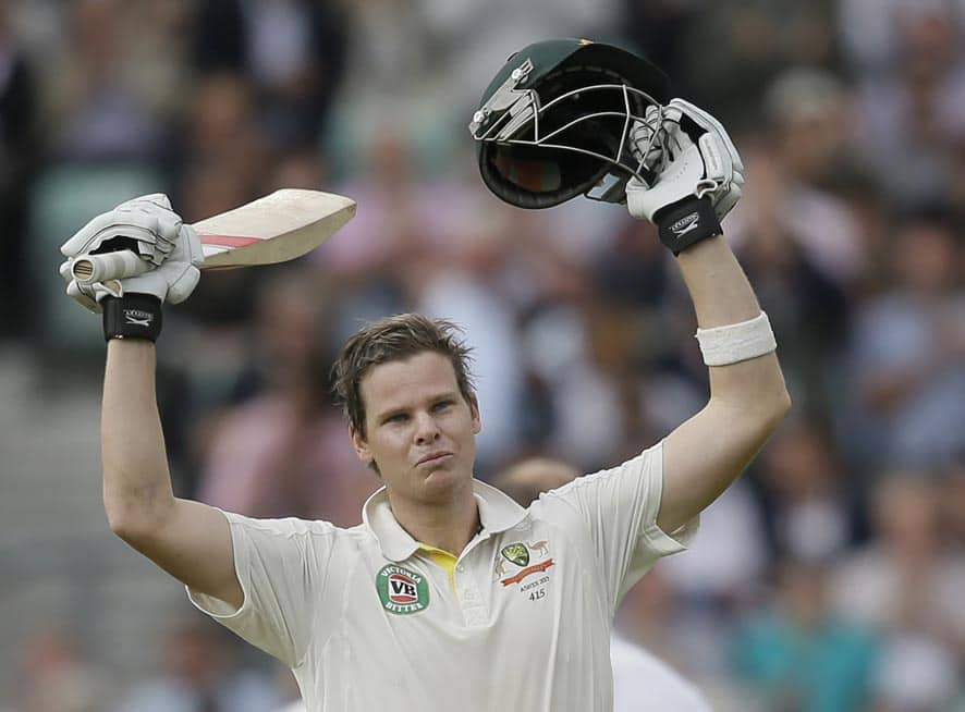 Australia's Steven Smith celebrates after scoring 100 runs not out against England during play on the second day of the fifth Ashes cricket Test at the Oval cricket ground in London.