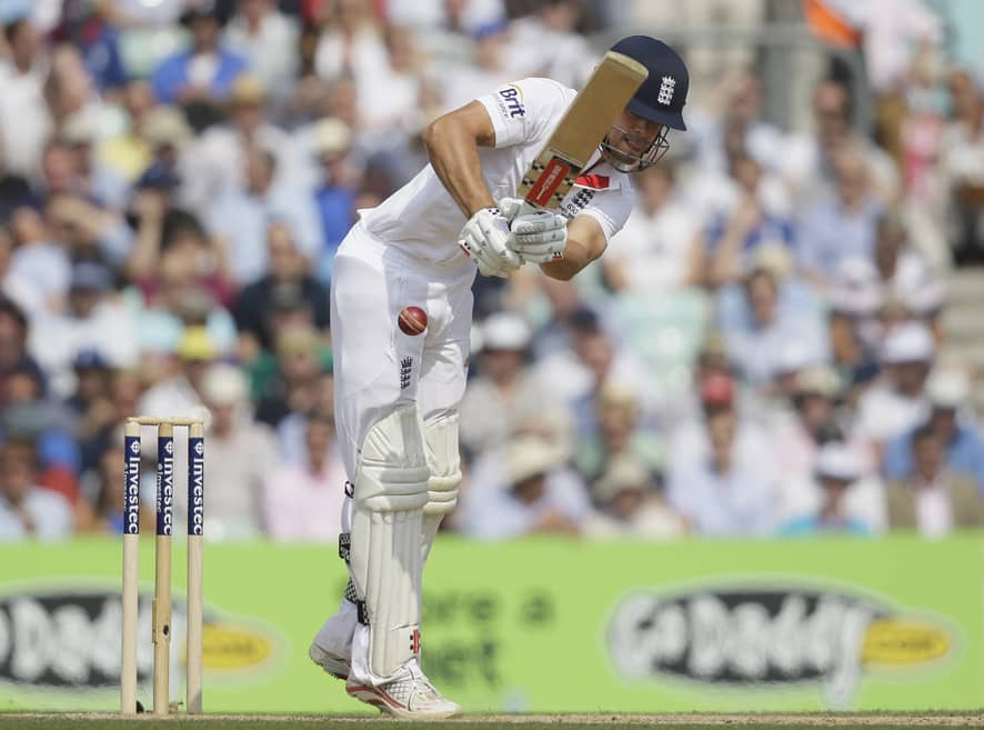 England's Alastair Cook is hit by a ball bowled by Australia's Ryan Harris during play on the third day of the fifth Ashes cricket Test at the Oval cricket ground in London.