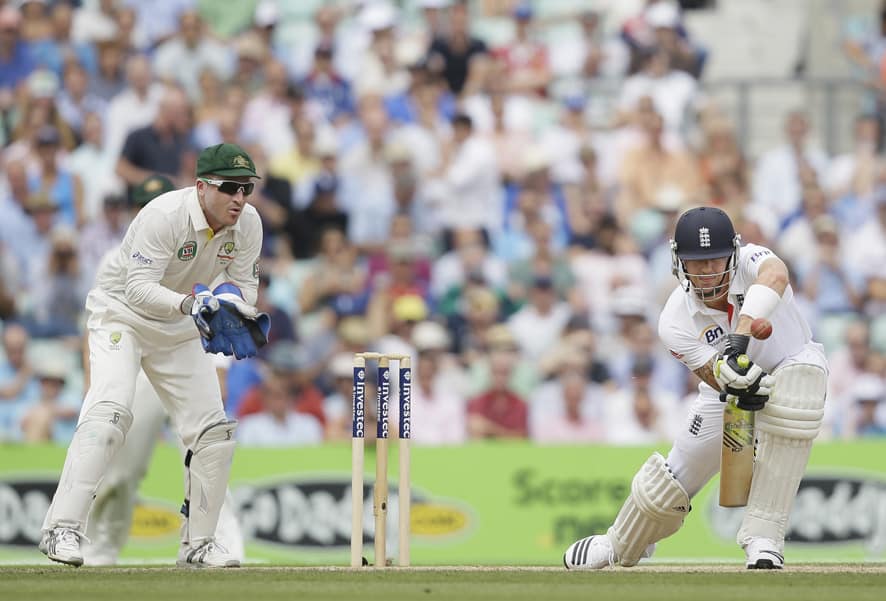 England's Kevin Pietersen plays a shot off the bowling of Australia's Nathan Lyon during play on the third day of the fifth Ashes cricket Test at the Oval cricket ground in London.