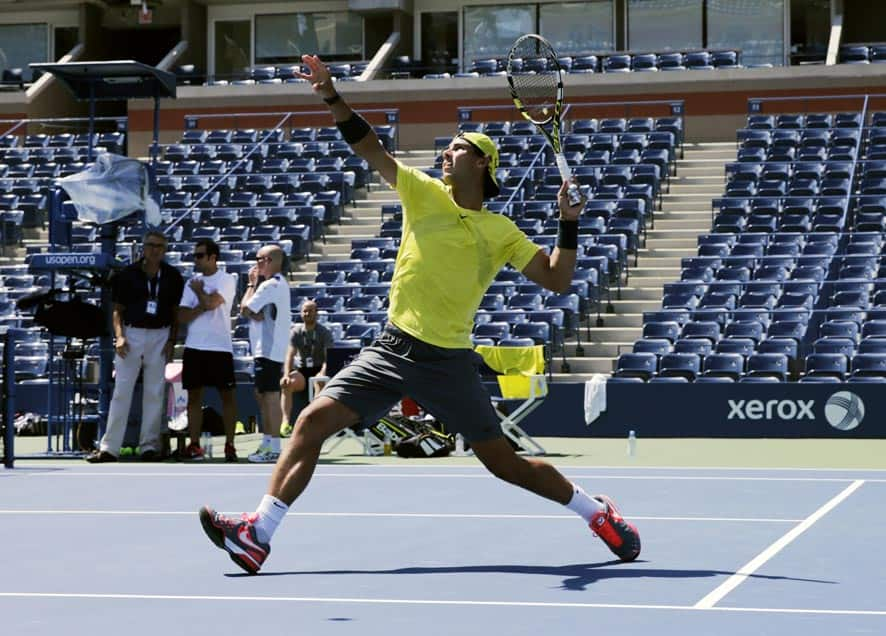 Spain's Rafael Nadal practices a day before the US Open tennis tournament.