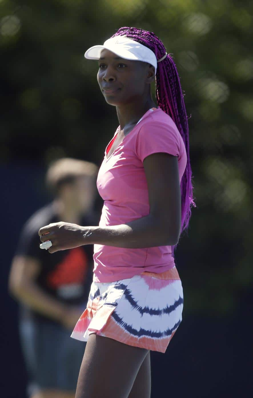 Venus Williams practices a day before the US Open tennis tournament.