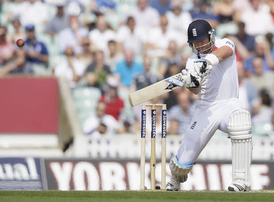 England's Matt Prior plays a shot off the bowling of Australia's Peter Siddle during play on the fifth day of the fifth Ashes cricket Test at the Oval cricket ground in London.