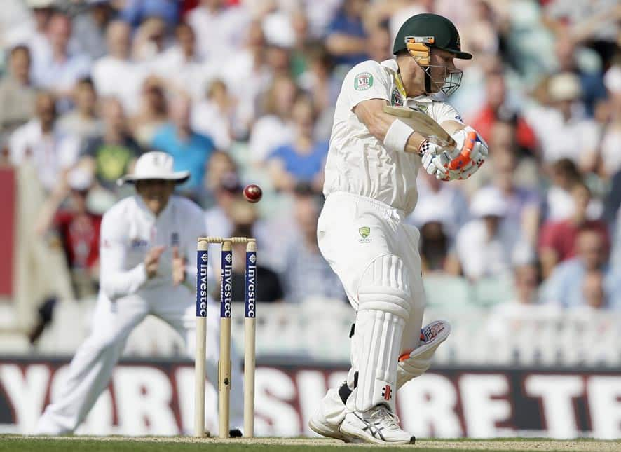 Australia's David Warner plays and misses the ball bowled by England's Stuart Broad during play on the fifth day of the fifth Ashes cricket Test at the Oval cricket ground in London.