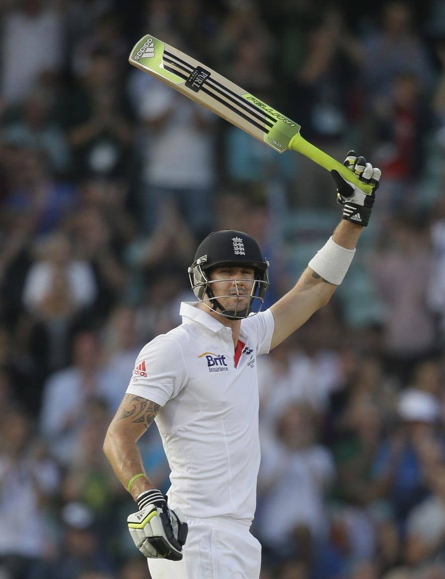 England's Kevin Pietersen celebrates getting 50 runs not during play on the fifth day of the fifth Ashes cricket Test against Australia at the Oval cricket ground in London.