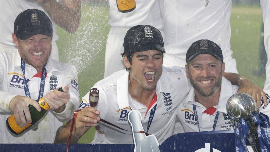 England's captain Alastair Cook holds up the Ashes Urn during the presentation ceremony after the end the fifth day of the fifth Ashes cricket Test against Australia at the Oval cricket ground in London.