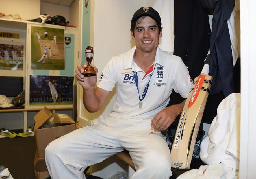 England captain Alastair Cook poses with the Urn in his dressing room after winning the Ashes Series during day five of the fifth Ashes Test match at The Oval, London.