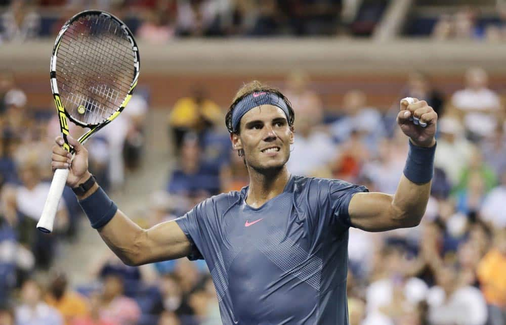 Rafael Nadal, of Spain, celebrates after defeating Phillipp Kohlschreiber, of Germany, during the fourth round of the 2013 US Open tennis tournament.