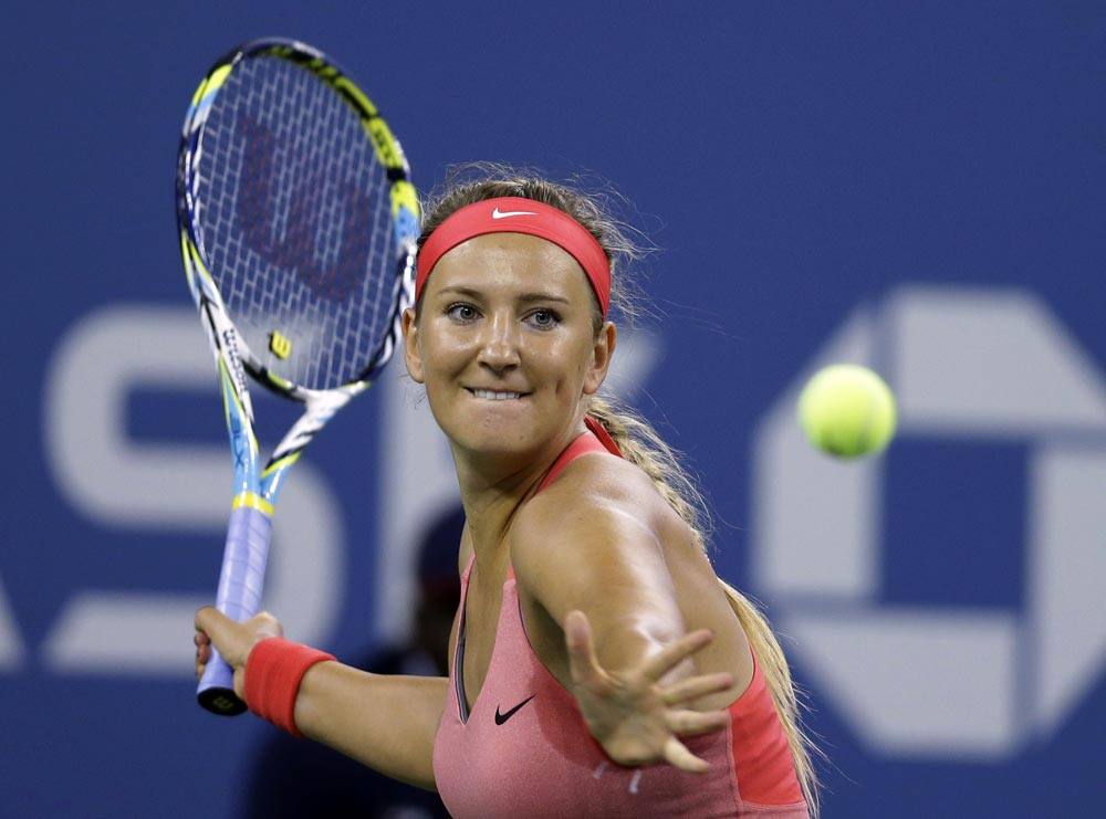 Victoria Azarenka, of Belarus, prepares to hit a return to Daniela Hantuchova, of Slovakia, during a quarterfinal at the US Open tennis tournament.