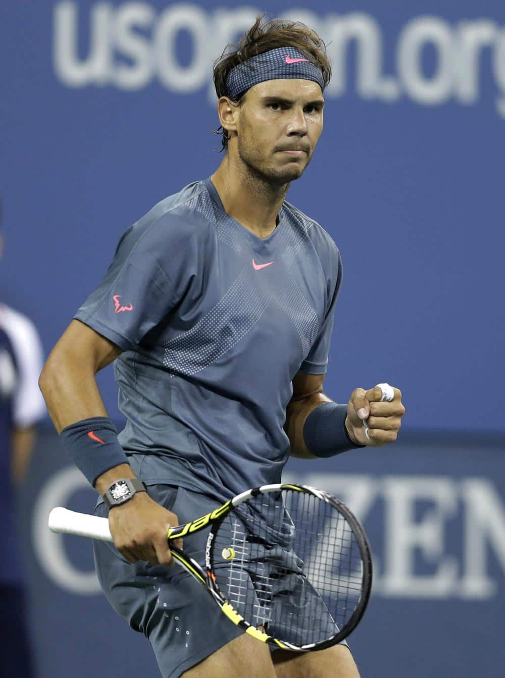 Rafael Nadal, of Spain, reacts after winning a point against Tommy Robredo, of Spain, during a quarterfinal of the US Open tennis tournament.