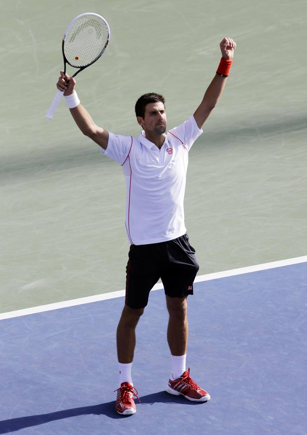 Novak Djokovic, of Serbia, reacts after defeating Stanislas Wawrinka, of Switzerland, during the semifinals of the 2013 US Open tennis tournament.